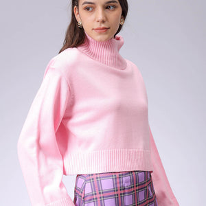 Women's Pink Boxy Fit High Neck Solid Sweater