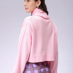 Women's Pink Boxy Fit High Neck Solid Sweater