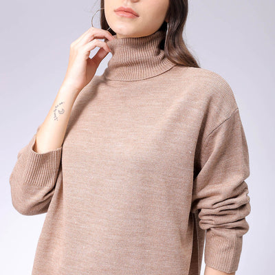 Women's Beige Loose Fit High Neck Solid Sweater