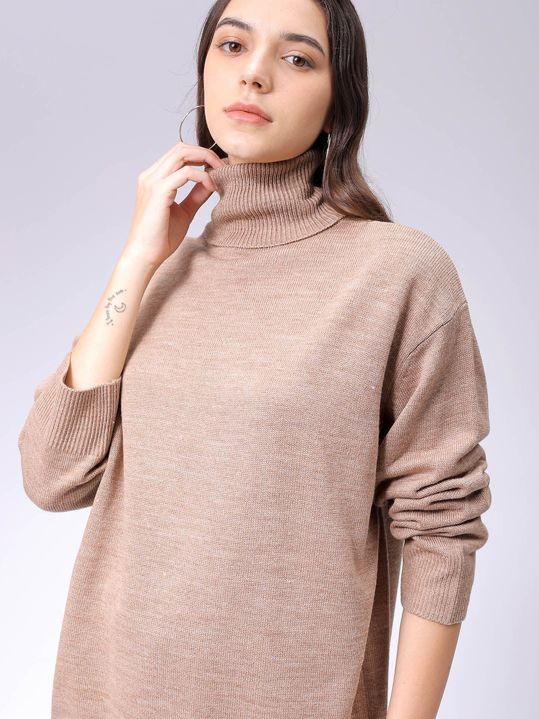 Women's Beige Loose Fit High Neck Solid Sweater