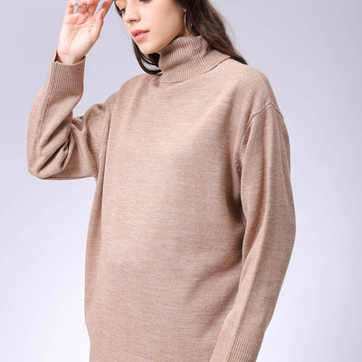 Women's Beige Loose Fit High Neck Solid Sweater