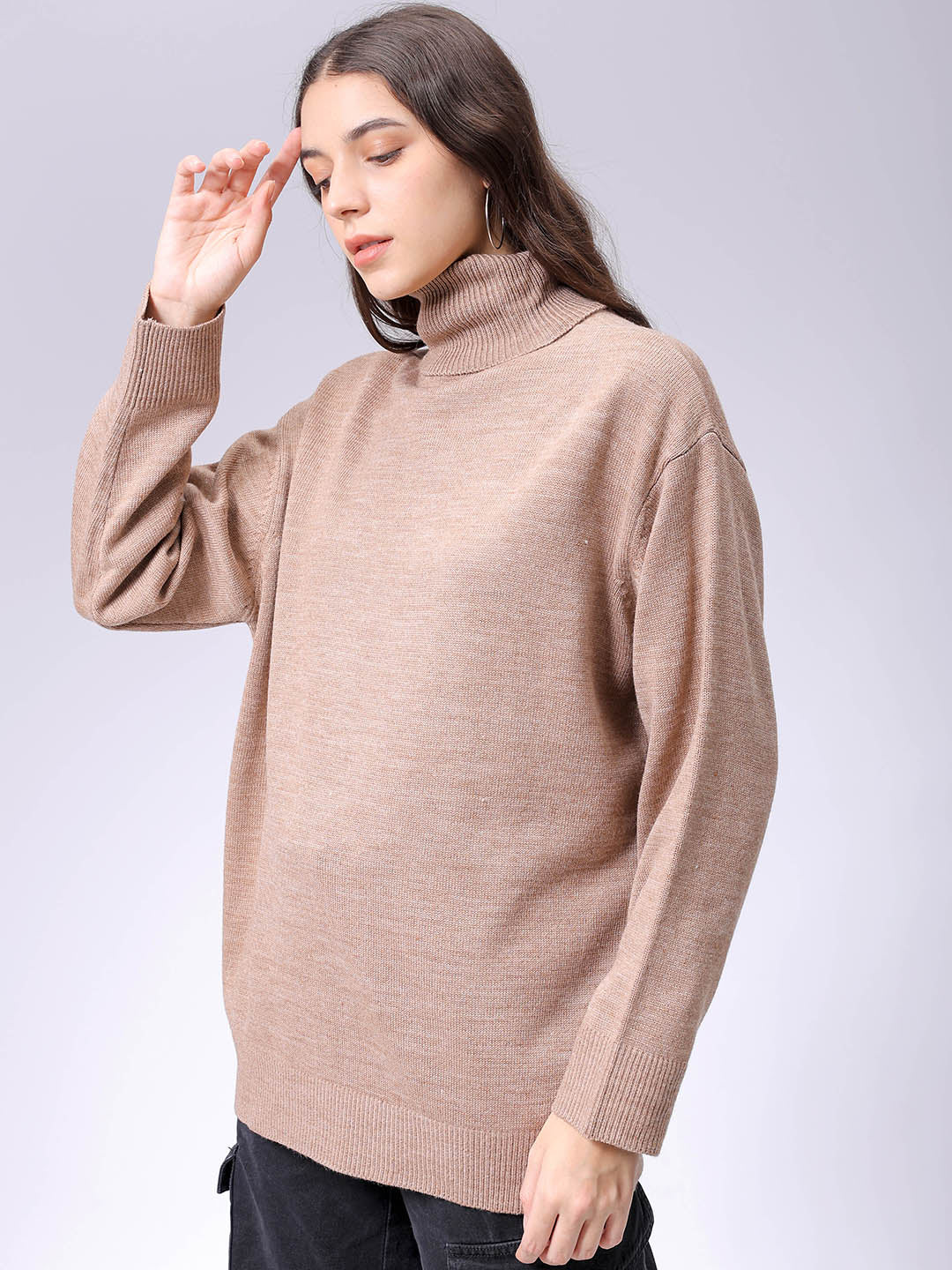 Women's Beige Loose Fit High Neck Solid Sweater