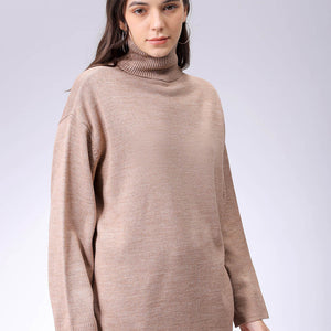 Women's Beige Loose Fit High Neck Solid Sweater