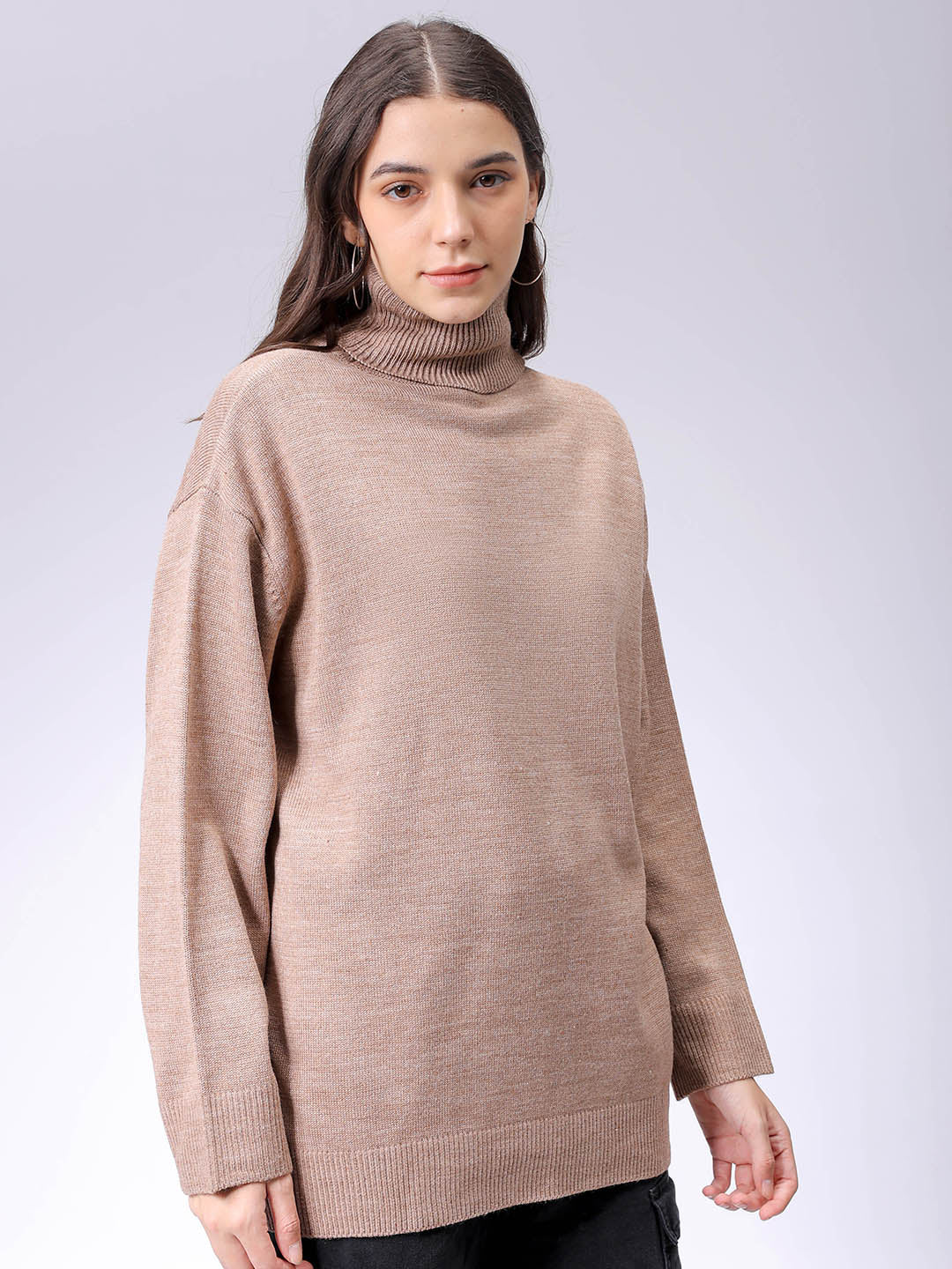 Women's Beige Loose Fit High Neck Solid Sweater