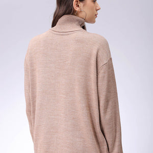 Women's Beige Loose Fit High Neck Solid Sweater