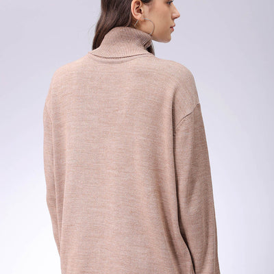 Women's Beige Loose Fit High Neck Solid Sweater