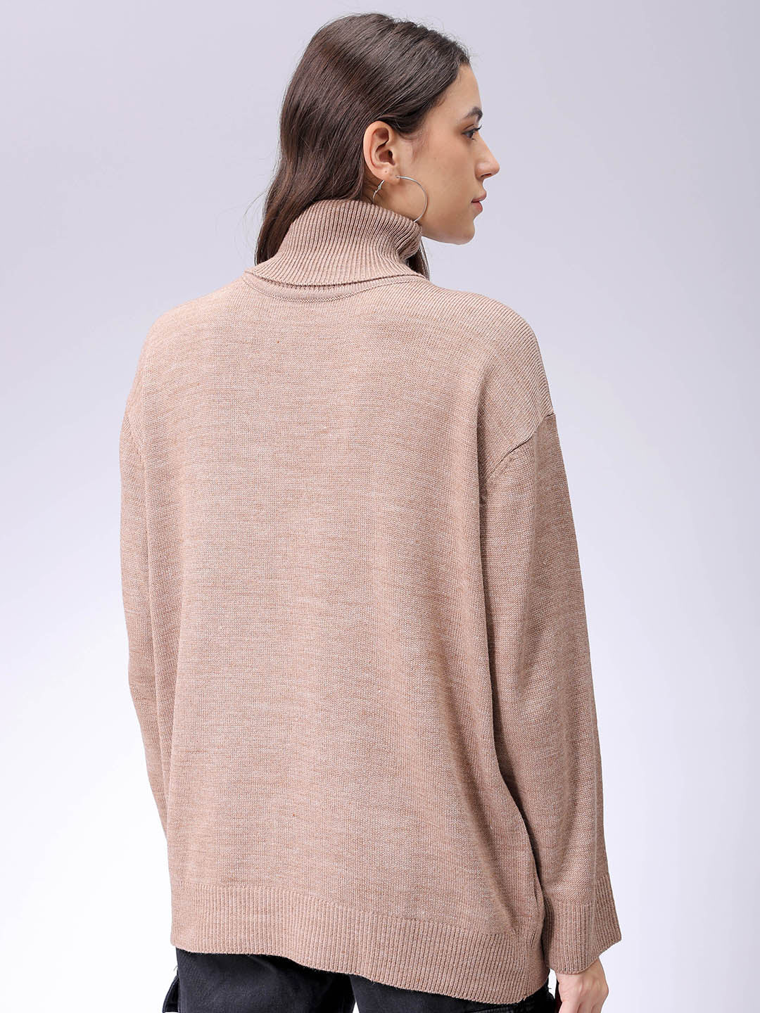 Women's Beige Loose Fit High Neck Solid Sweater
