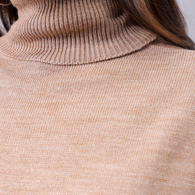 Women's Beige Loose Fit High Neck Solid Sweater