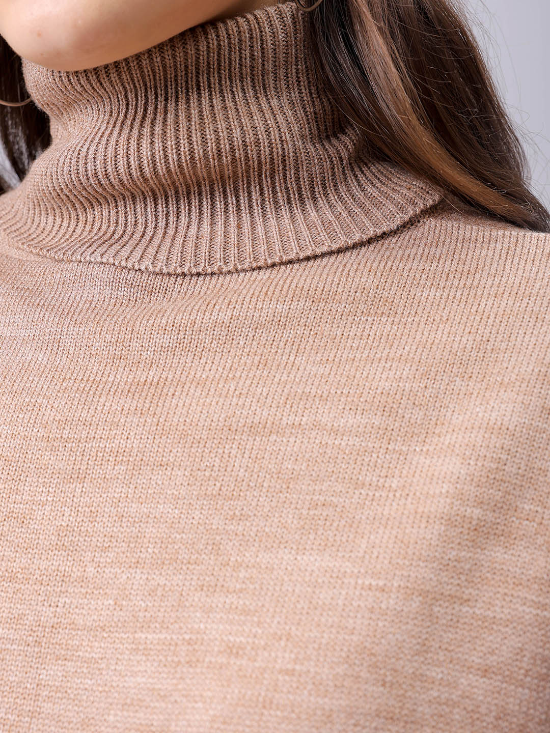 Women's Beige Loose Fit High Neck Solid Sweater