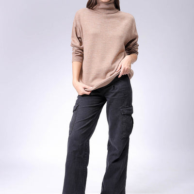 Women's Beige Loose Fit High Neck Solid Sweater
