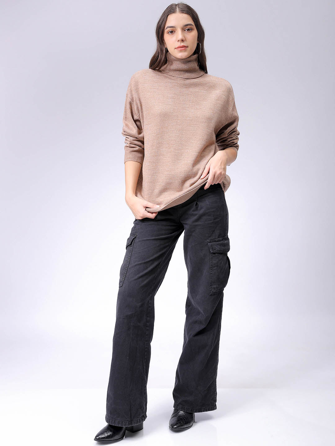 Women's Beige Loose Fit High Neck Solid Sweater