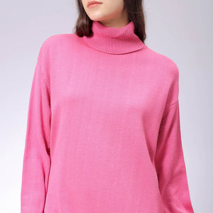 Women's Pink Loose Fit High Neck Solid Sweater