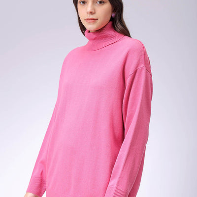 Women's Pink Loose Fit High Neck Solid Sweater
