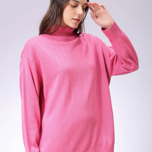 Women's Pink Loose Fit High Neck Solid Sweater