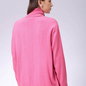 Women's Pink Loose Fit High Neck Solid Sweater