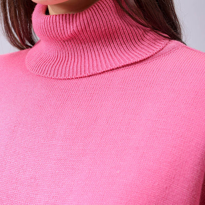 Women's Pink Loose Fit High Neck Solid Sweater