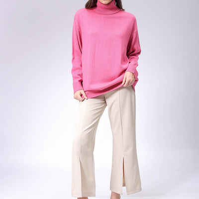 Women's Pink Loose Fit High Neck Solid Sweater
