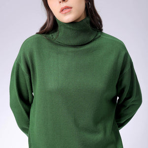 Women's Green Loose Fit High Neck Solid Sweater