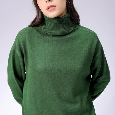 Women's Green Loose Fit High Neck Solid Sweater