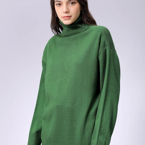 Women's Green Loose Fit High Neck Solid Sweater