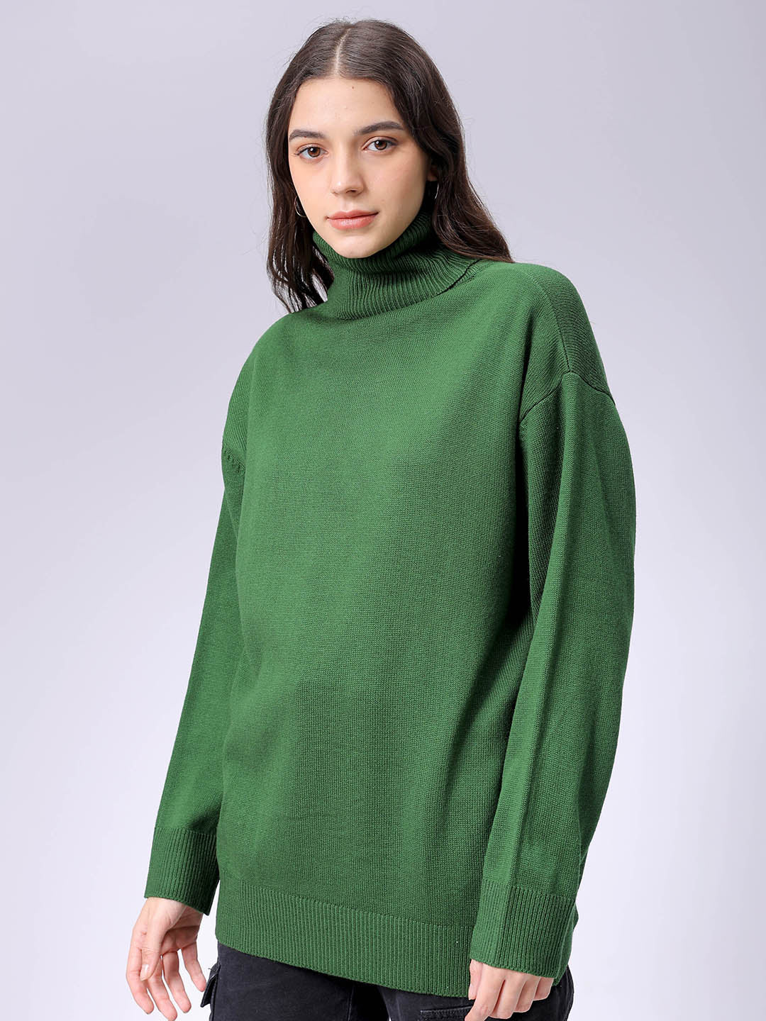 Women's Green Loose Fit High Neck Solid Sweater