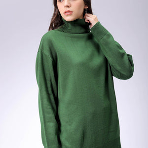 Women's Green Loose Fit High Neck Solid Sweater