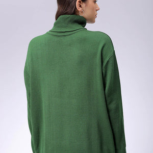 Women's Green Loose Fit High Neck Solid Sweater
