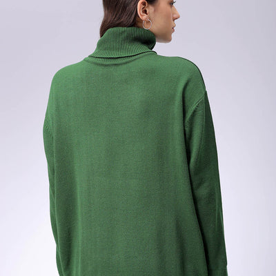 Women's Green Loose Fit High Neck Solid Sweater