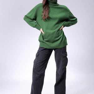 Women's Green Loose Fit High Neck Solid Sweater