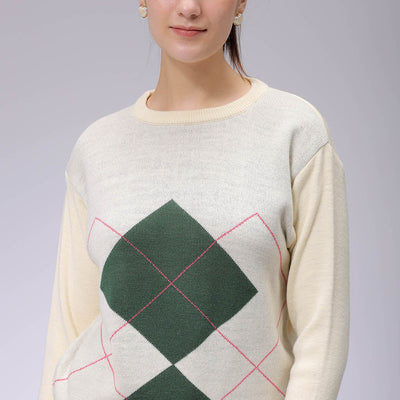 Women's White Relaxed Fit Argyle Sweater