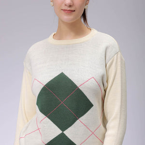 Women's White Relaxed Fit Argyle Sweater