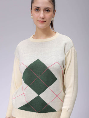 Women's White Relaxed Fit Argyle Sweater