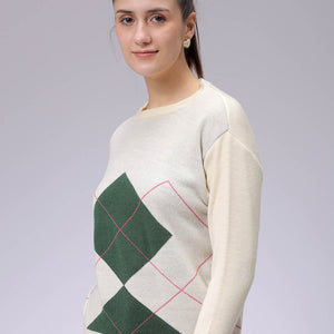 Women's White Relaxed Fit Argyle Sweater