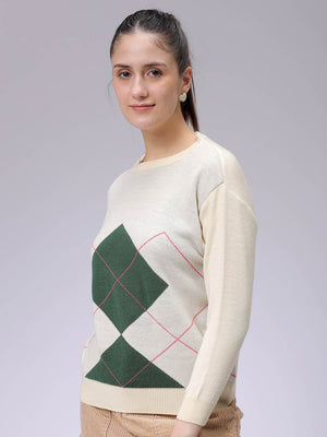 Women's White Relaxed Fit Argyle Sweater