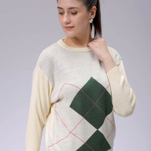 Women's White Relaxed Fit Argyle Sweater