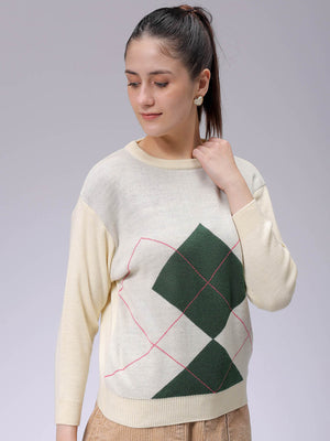 Women's White Relaxed Fit Argyle Sweater