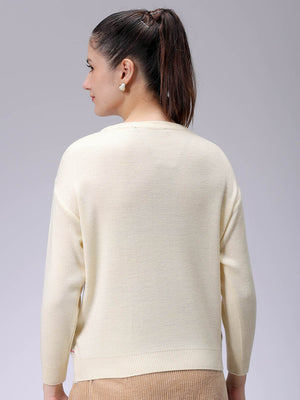 Women's White Relaxed Fit Argyle Sweater