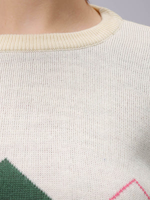 Women's White Relaxed Fit Argyle Sweater