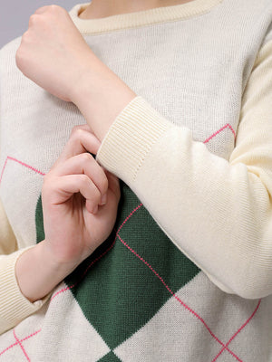 Women's White Relaxed Fit Argyle Sweater