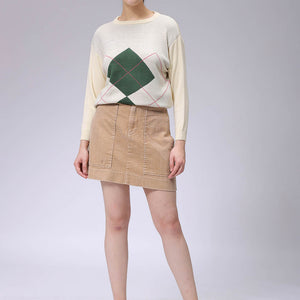 Women's White Relaxed Fit Argyle Sweater