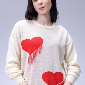 Women's White Loose Fit Placement Embroidered Sweater