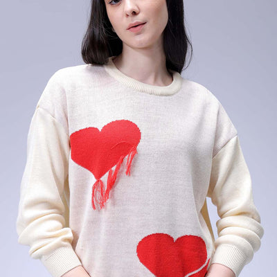 Women's White Loose Fit Placement Embroidered Sweater