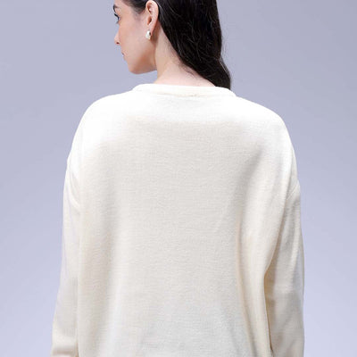Women's White Loose Fit Placement Embroidered Sweater