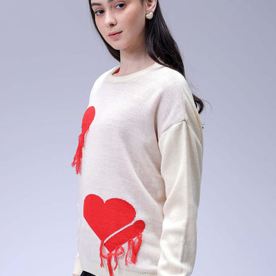 Women's White Loose Fit Placement Embroidered Sweater