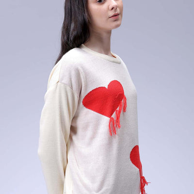 Women's White Loose Fit Placement Embroidered Sweater