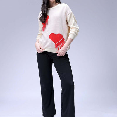 Women's White Loose Fit Placement Embroidered Sweater