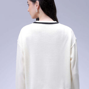 Women's White Loose Fit Solid Sweater