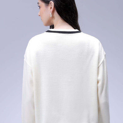Women's White Loose Fit Solid Sweater