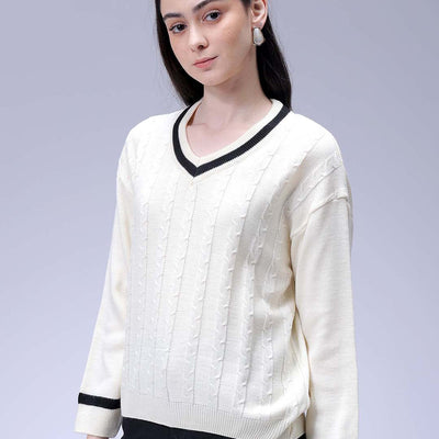 Women's White Loose Fit Solid Sweater