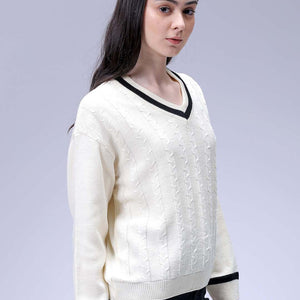 Women's White Loose Fit Solid Sweater